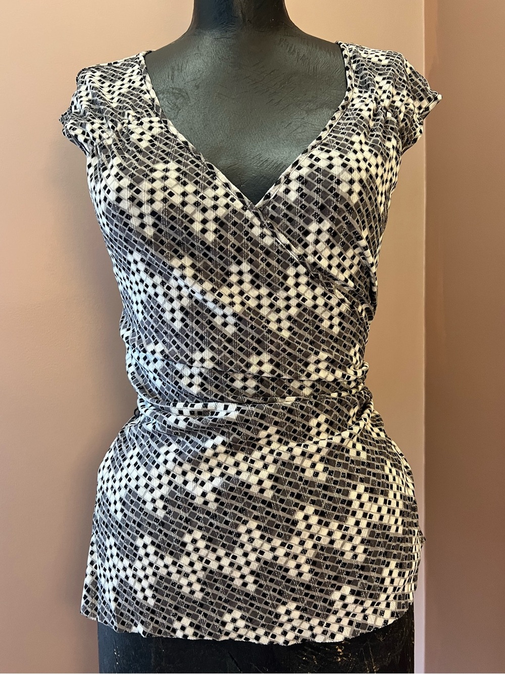 Y2K Express Sparkly Ruched Geometric Snakeskin Print Wrap Blouse Size M ‘06